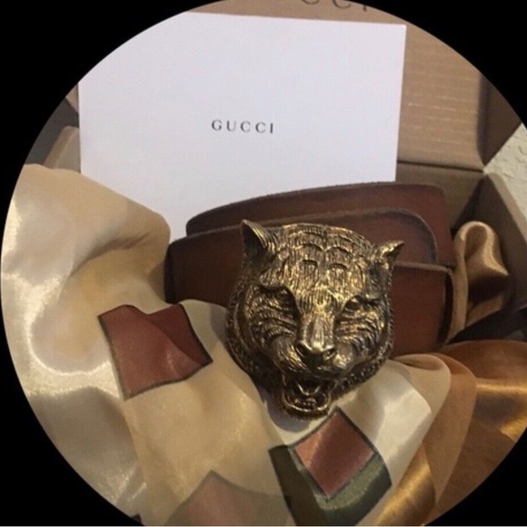 GUCCI, Feline buckle, 1 1/2” leather belt Sz 70-28 - Picture 1 of 4